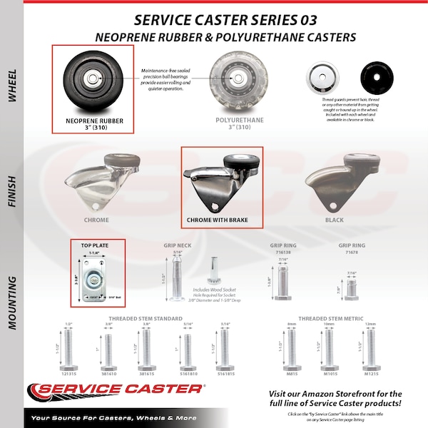 Service Caster 3 Inch Bright Chrome Hooded Neoprene Rubber Top Plate Caster with Brake SCC SCC-03S310-NPRB-BC-B - main